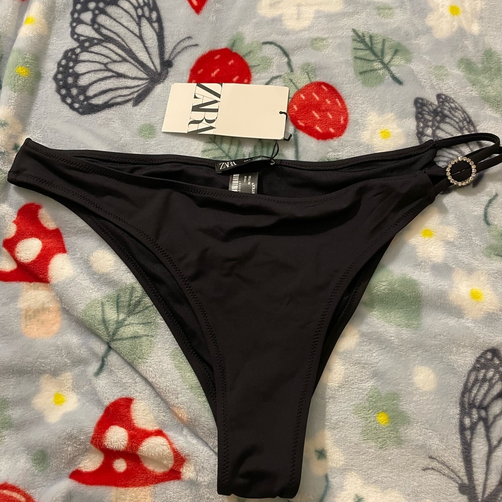NWT ZARA Black Bikini Swim Bottoms with Rhinestone Decal